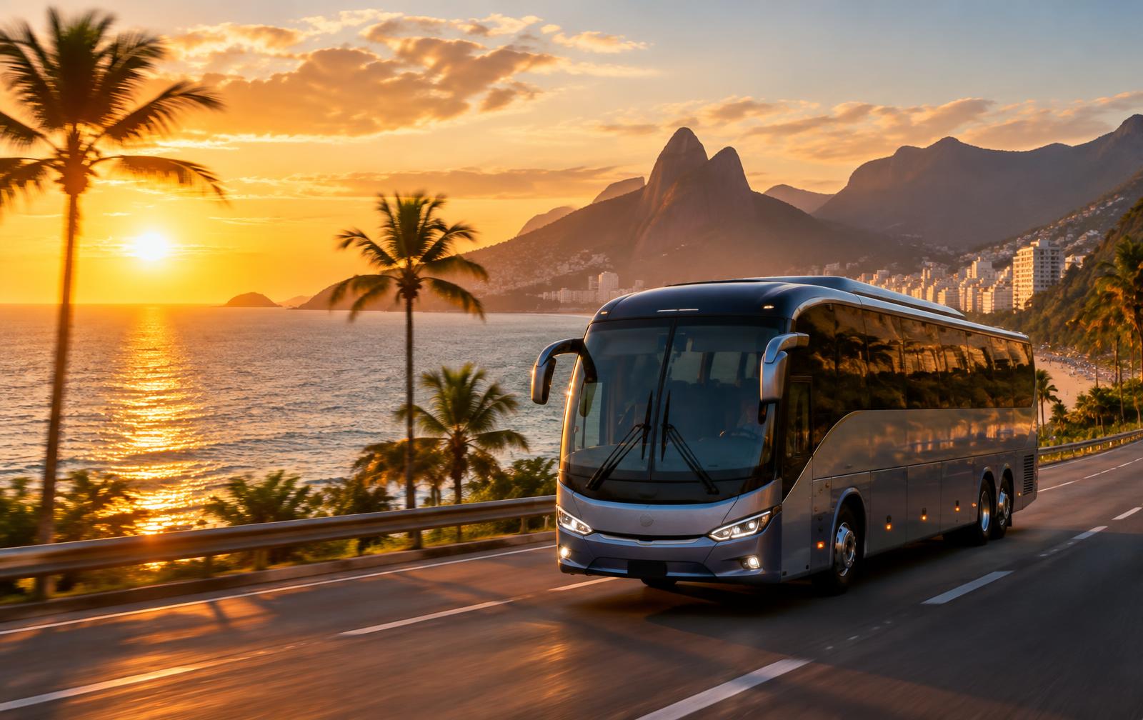 Ônibus rodoviário viajando pela estrada litorânea ao pôr do sol