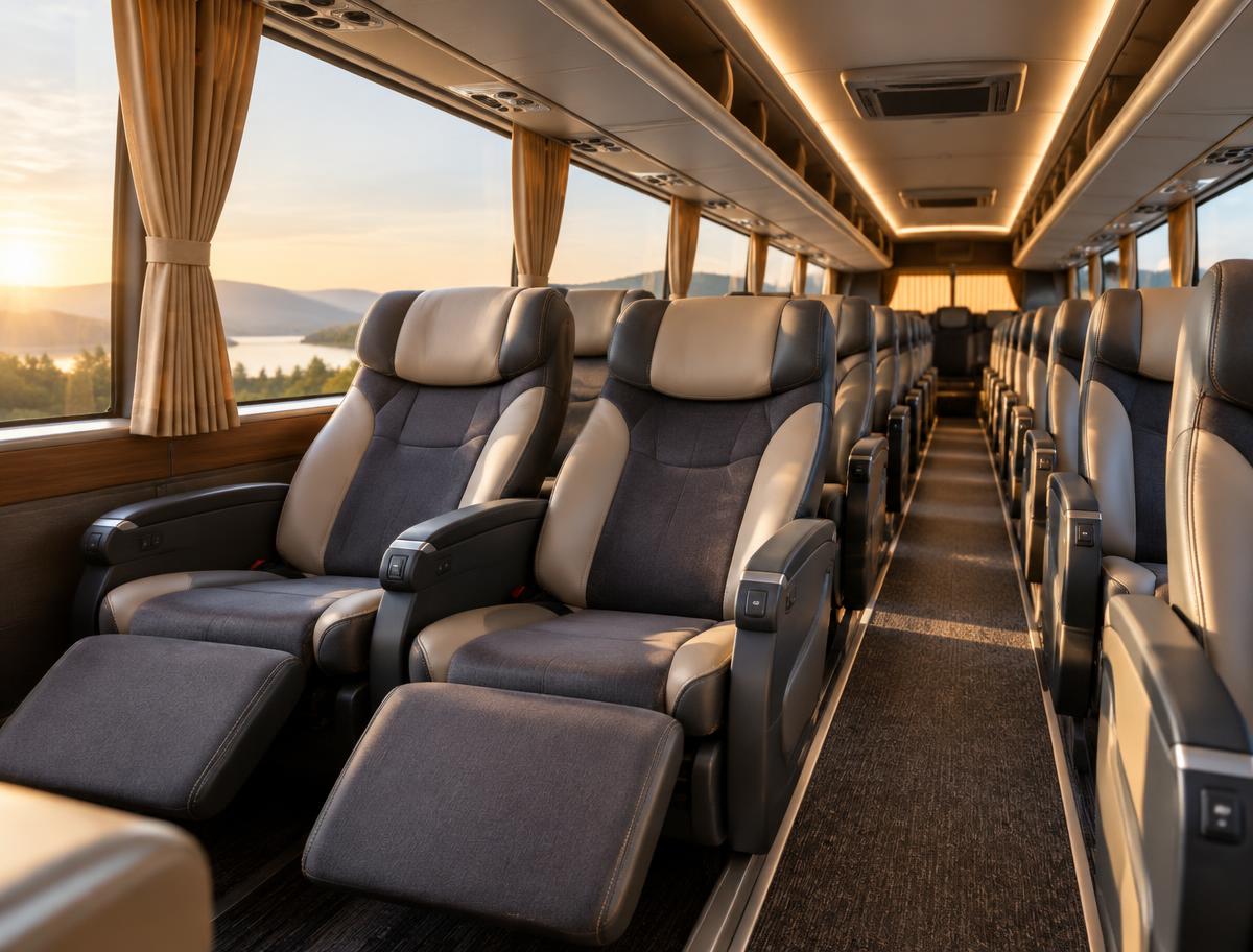 Interior confortável de ônibus rodoviário com poltronas reclináveis